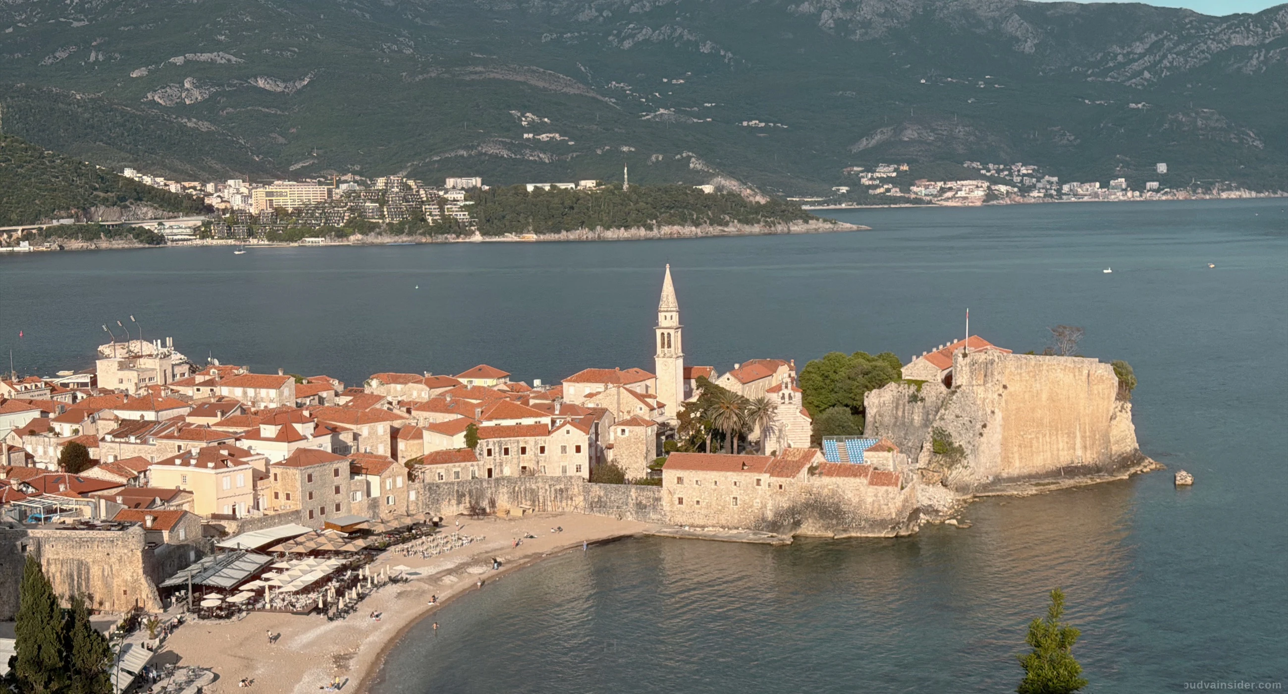 Aerial view of Budva Old Town on a peninsula in the Adriatic Sea, Montenegro