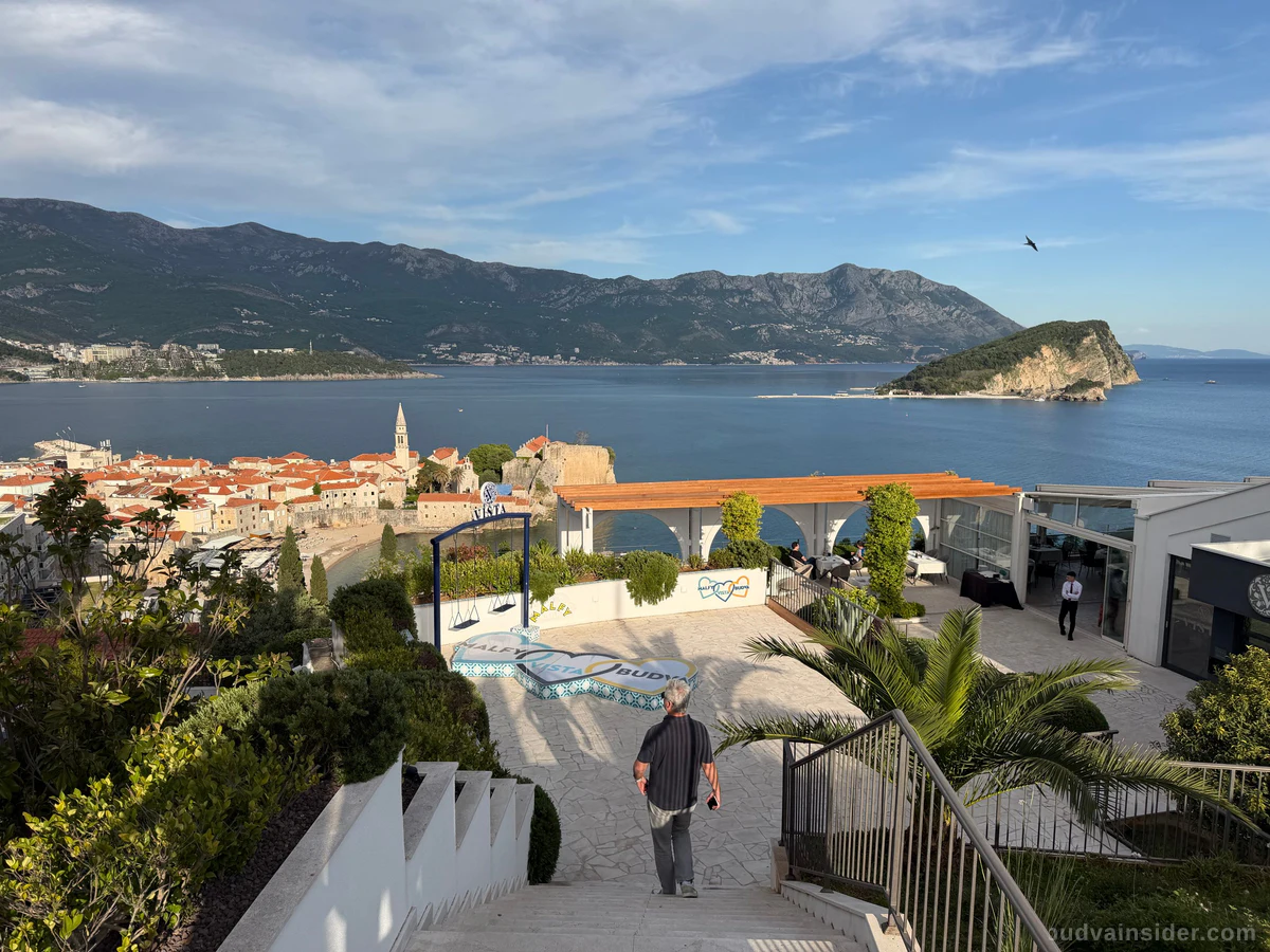 Vista Vidikovac restaurant terrace with sweeping sea view above Budva Old Town